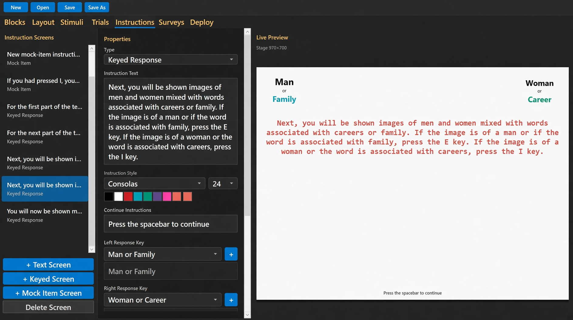Instructions tab in IAT Design with a live preview of a keyed instruction screen