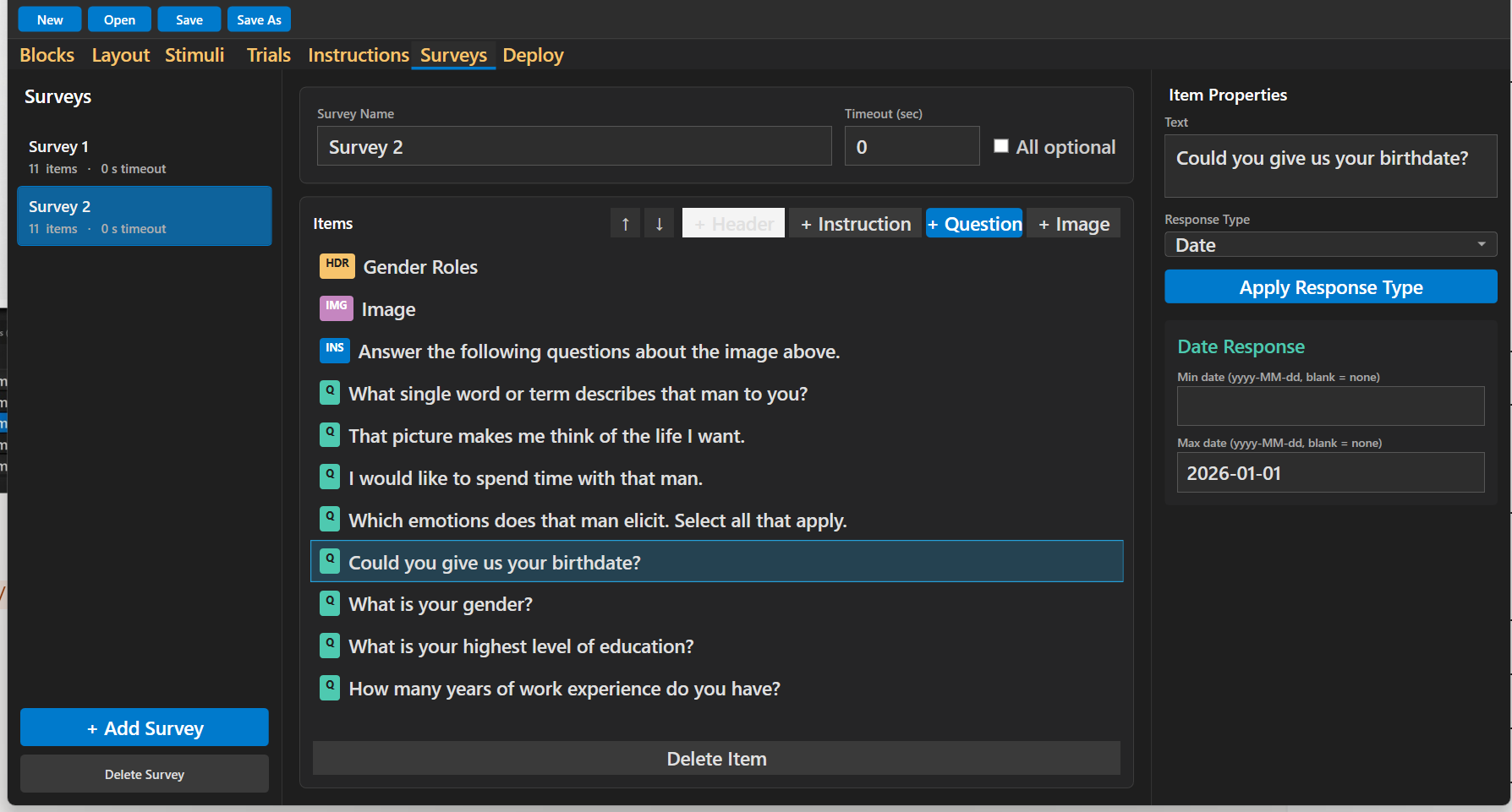 Surveys tab in IAT Design listing questionnaire items